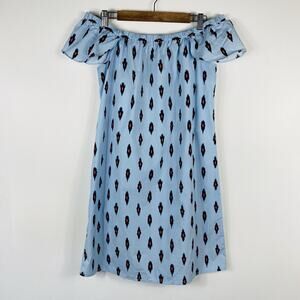 J. Crew Size Medium Ikat Print Off The Shoulder Cotton Dress Blue J0980